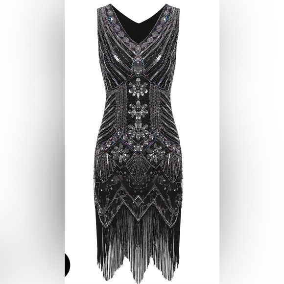 Black and Silver Sequin 20s Great Gatsby Style Flapper Dress, NWT Medium - Picture 1 of 6